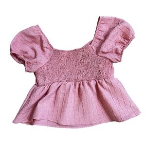 Shein tube top with pink puff sleeve flare crop top, textured pattern, L.